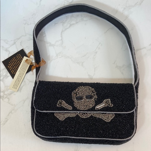 Made in India Handbags - New Trending Halloween Viral Made in India Black Silver Beaded Bag Skull Bones
